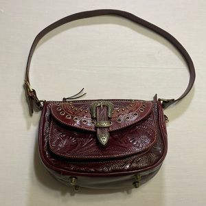 American West Hand-Tooled Red Leather Brass Buckle Satchel Purse. Pre-Owned